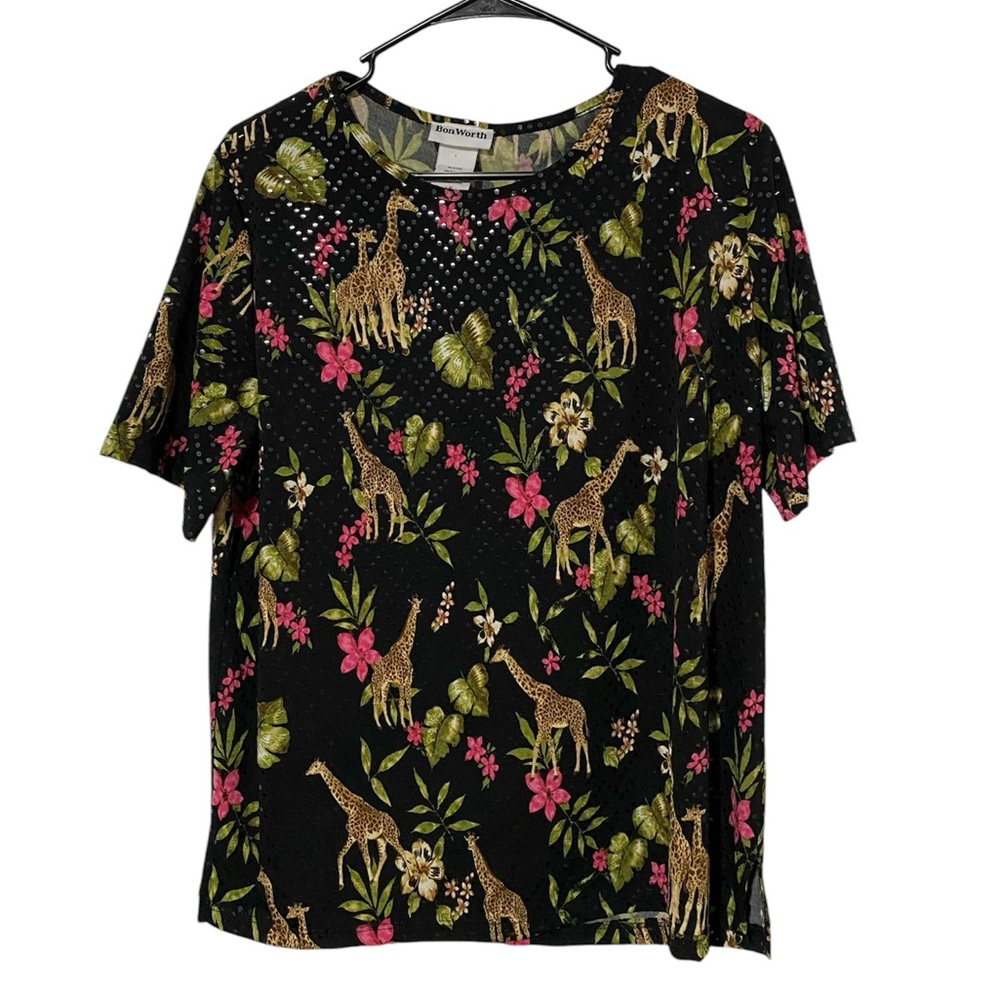 Bon Worth Vintage Giraffe Novelty Print Reflective Short Sleeve Top